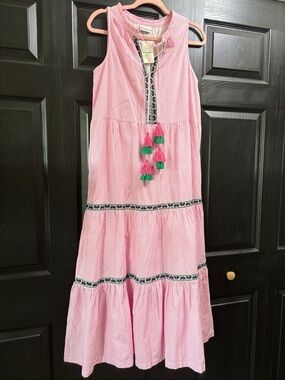 Tommy Bahama Pink Striped Tassel Maxi Dress with Green Accents